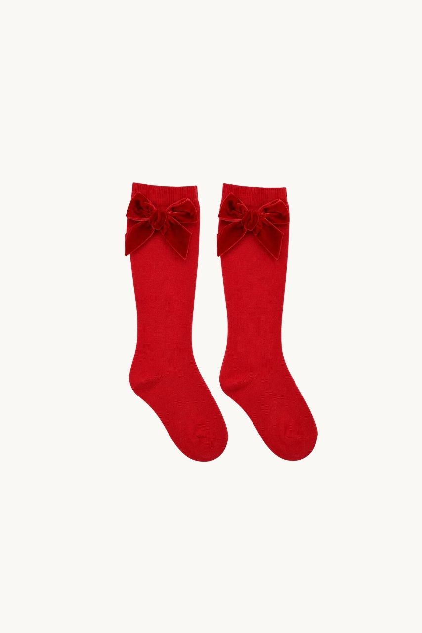 CHAUSSETTE HAUTE AVEC NŒUD VELOURS - ROUGE