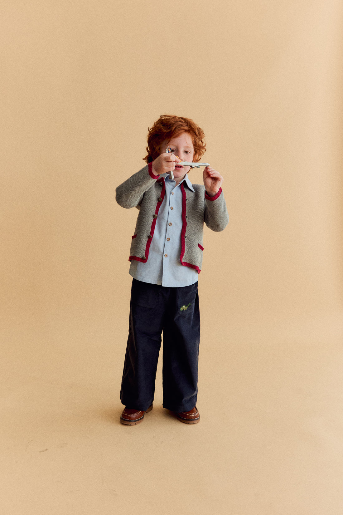 Pantalon Ollie Velours Bleu Brodé Dinosaure