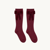 TALL SOCK WITH COQUETTE VELVET BOW - GARNET