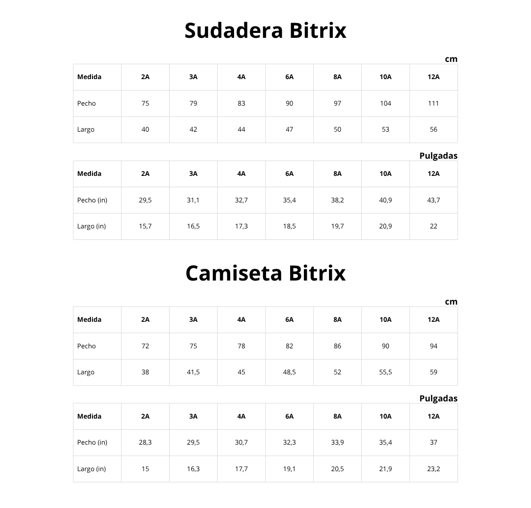 Guía de tallas de sudaderas y camisetas